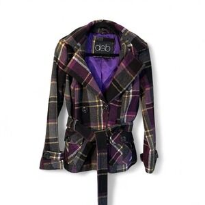 DEB Double Breasted Plaid Hooded Belted Trench Coat Purple Yellow Y2K size M